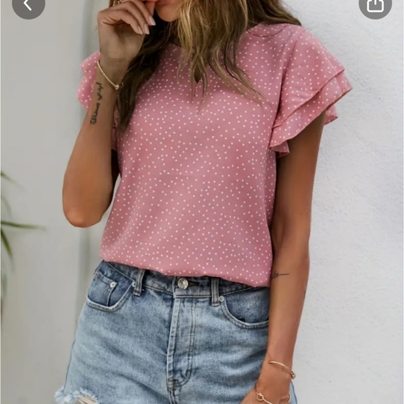 Pink with white dots, flutter sleeved, keyhole neck blouse. XL (14) NWOT - Picture 7 of 7